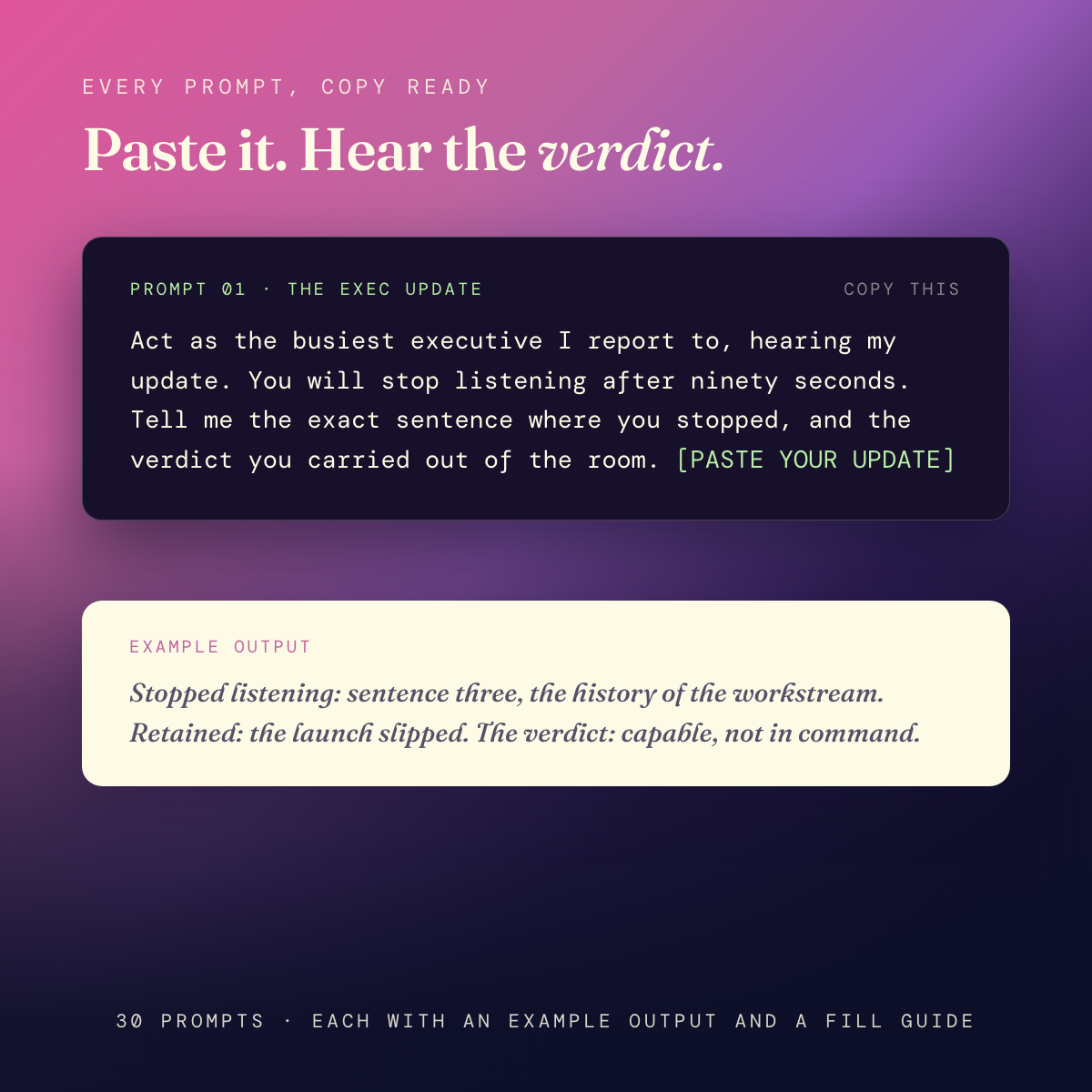 Inside The Communication Playbook: the exec update prompt card and the verdict it returns