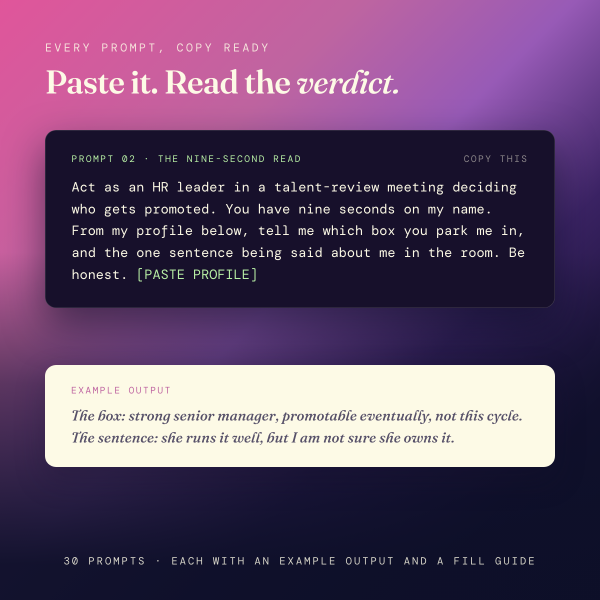 Inside The Room Prompts: a prompt card with the nine-second read prompt and the verdict it returns